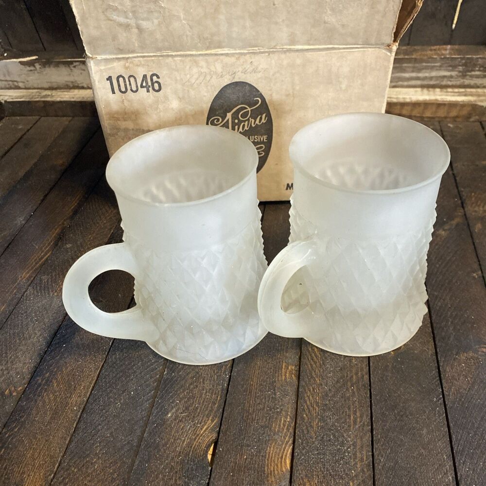 2 Indiana Glass Tiara Satin Frosted Crystal Diamond Point Tankards Mugs